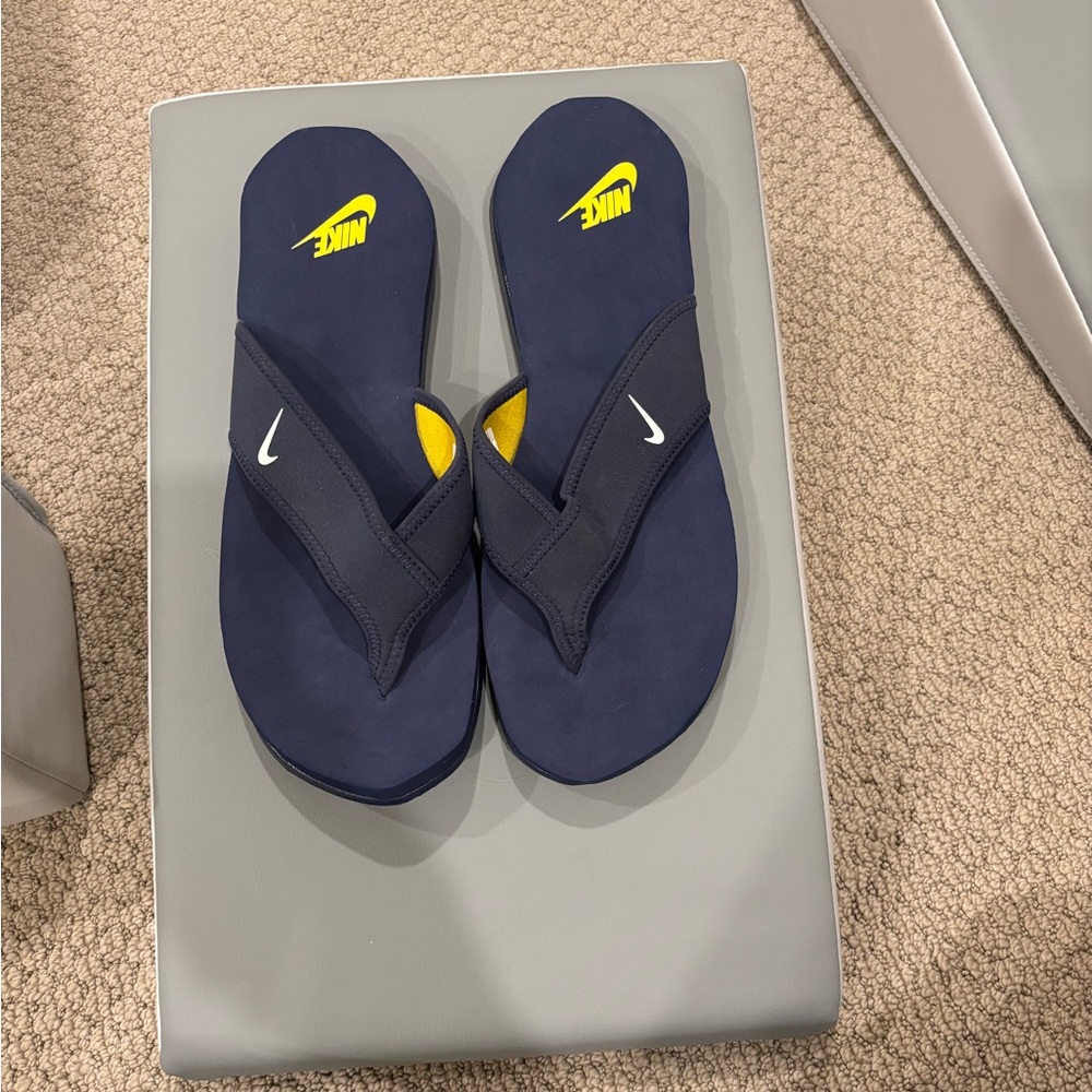 Nike Navy and Yellow Flip Flops